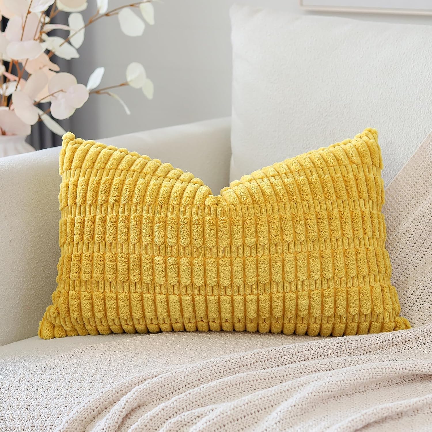 Artscope Corduroy Set of 1 Cushion Cover 30x50 cm Super Soft Boho Striped Lumbar Pillow Covers Case Decorative Modern Cushion Covers for Sofa Couch Bedroom Car Decor Gold Yellow