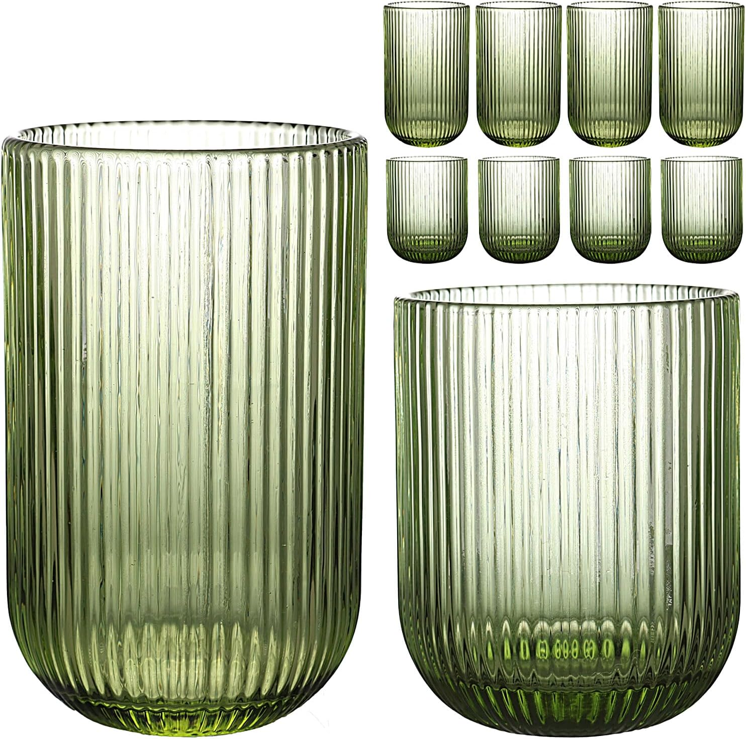 Set of 8 Ribbed Glassware,4 Highball Glasses 14oz & 4 Rocks Drinking Glasses 9oz, Green, Origami Style, Fluted Design, for Milk, Water, Cocktail, Juice, Beer, ToothBrush Cup, Gift