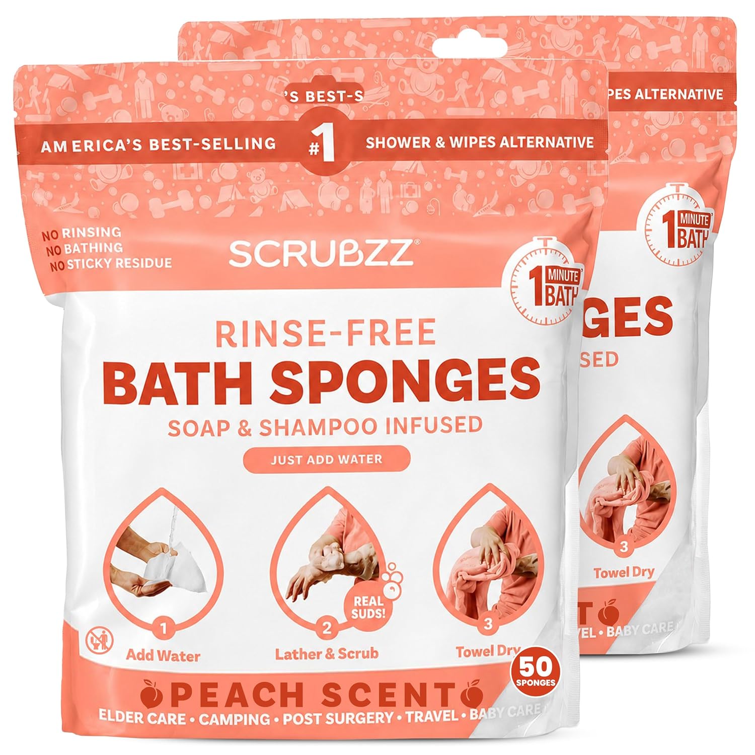 Scrubzz Disposable No Rinse Bathing Wipes - All-in-1 Single Use Shower Wipes, Simply Dampen, Lather, and Dry Without Shampoo or Rinsing (Peach, 2-Pack)