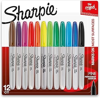 SHARPIE Permanent Markers, Quick Drying And Fade Resistant Fine Tip Marker Set For Wood, Plastic Paper, Metal, And More, Drawing, Coloring, And Poster Marker, Assorted Colors, 12 Count