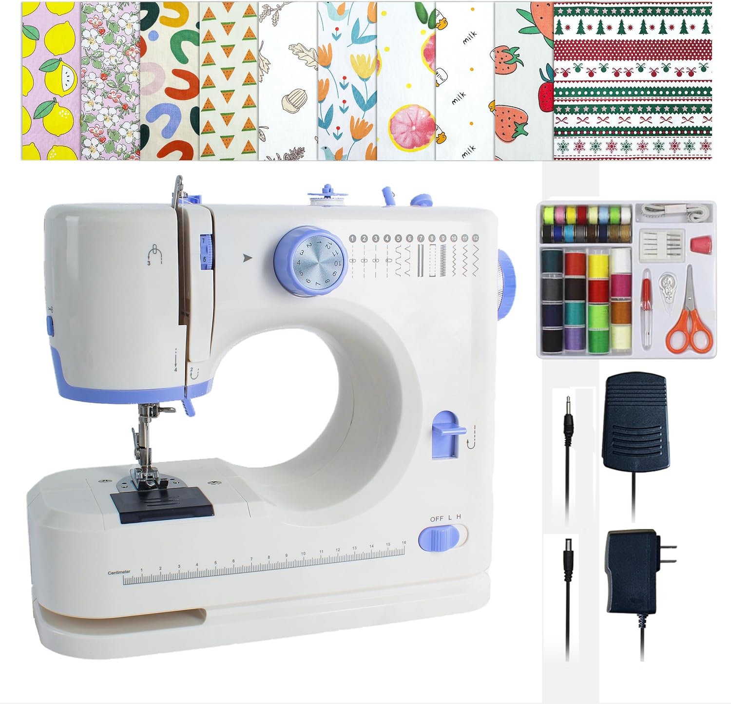 Sewing Machine for Beginners with 20 Pcs Fabric and 32 Pcs Sewing Threads Kit,Portable Sewing Machine with 12 Built-in Stitches,2 Speed(High-Low Speeds) Blue