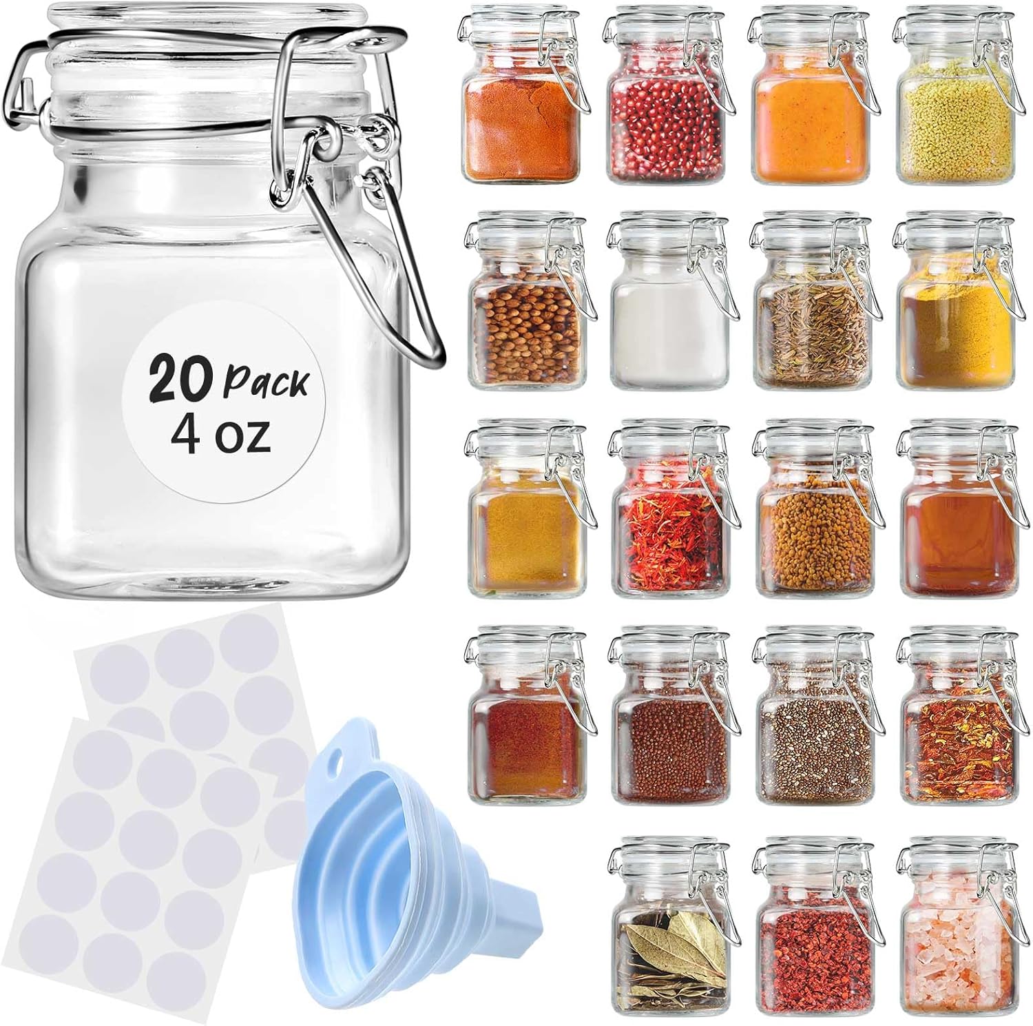 Spice Jars 20 Pack Small 4 oz Glass Jars with Airtight Hinged Lids, Spice Herb Jars with Labels and Silicone Funnels, 4oz Glass Jars with Lids Ideal for Spice Herbs