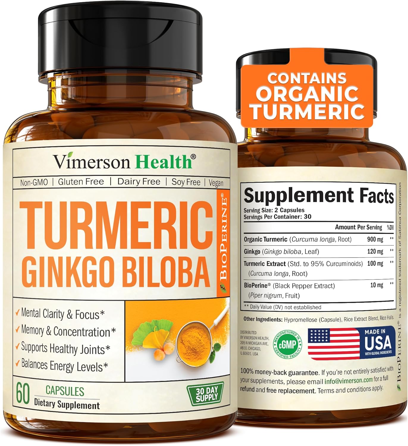 Turmeric Curcumin & Ginkgo Biloba Supplements with Bioperine Black Pepper - Vegan Joint Support Supplement with Organic Tumeric - Aids Brain Clarity, Focus, Memory, and Concentration. 60 Capsules