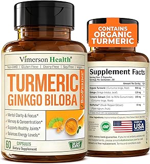 Turmeric Curcumin & Ginkgo Biloba Supplements with Bioperine Black Pepper - Vegan Joint Support Supplement with Organic Tumeric - Aids Brain Clarity, Focus, Memory, and Concentration. 60 Capsules