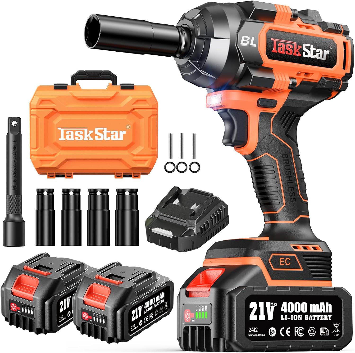 Cordless Impact Wrench 1/2“, 1110 Ft-lbs(1500 N.m) Brushless High Torque Impact Gun, 2 * 4.0 Ah Batteries, Fast Charger, Socket Sets, Lug Nuts Removal Electric Impact Driver for Car Mower Truck Gift