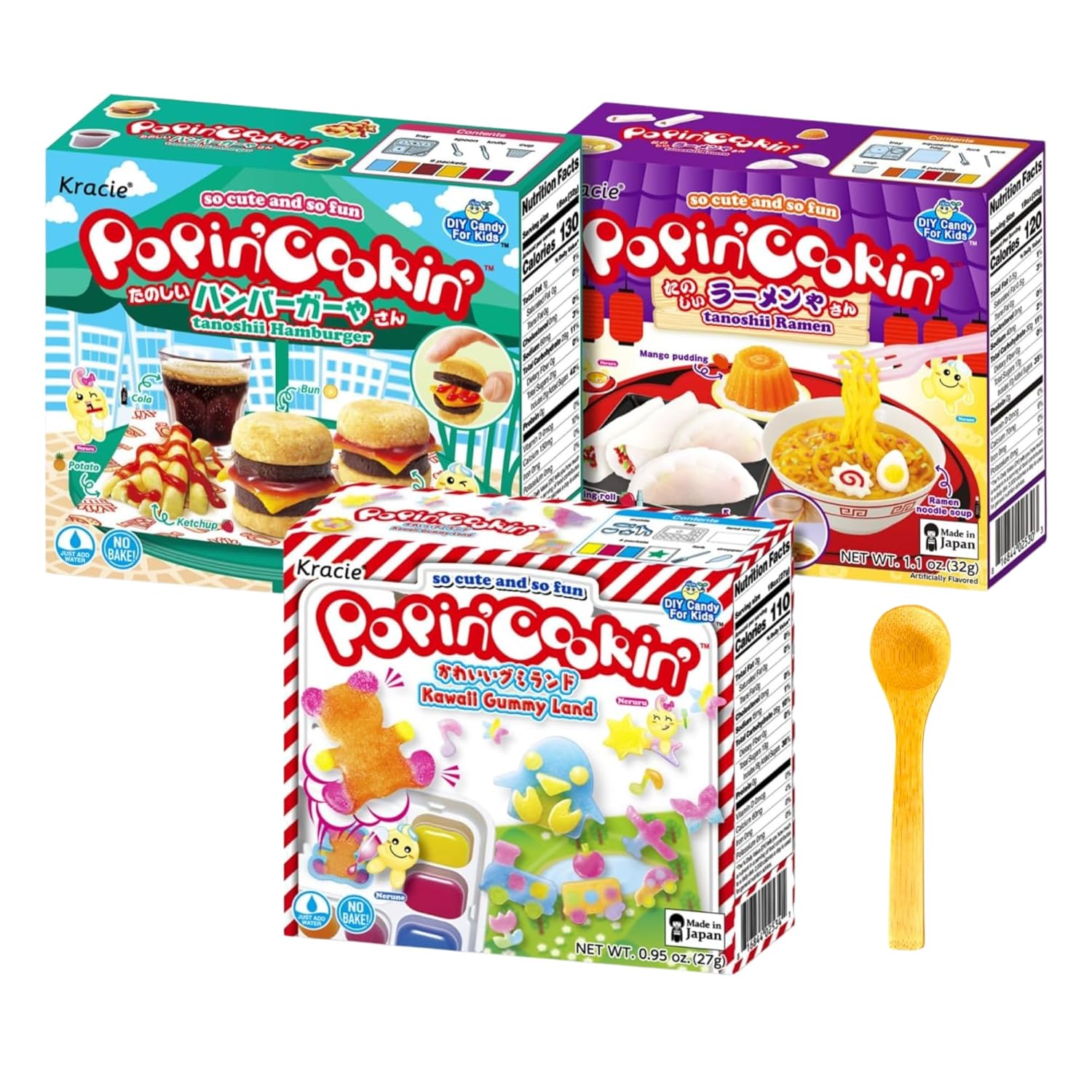umaya Kracie Popin’ Cookin' Tanoshii Hamburger, Gummy Land, Ramen (3 Pack Variety Bundle with Serving Spoon), Japanese-Inspired Candy Sampler Box, Unique Gift Candy Lovers, Birthdays, and Holidays