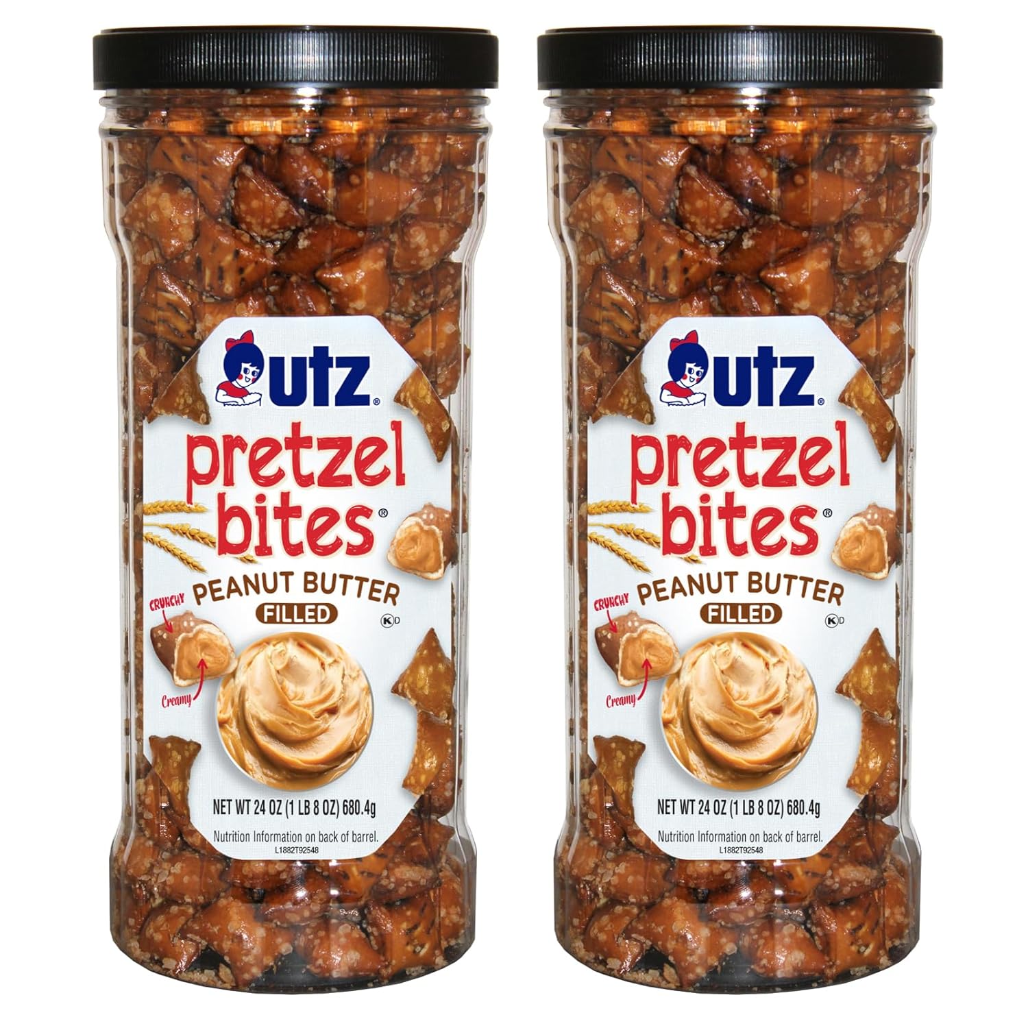 Utz Peanut Butter Pretzel Bites, 24 oz Canister (2 Count) – Crunchy Pretzel Nuggets with Creamy Peanut Butter Center, Quick Snacks with No Cholesterol, No Trans Fats, Brown