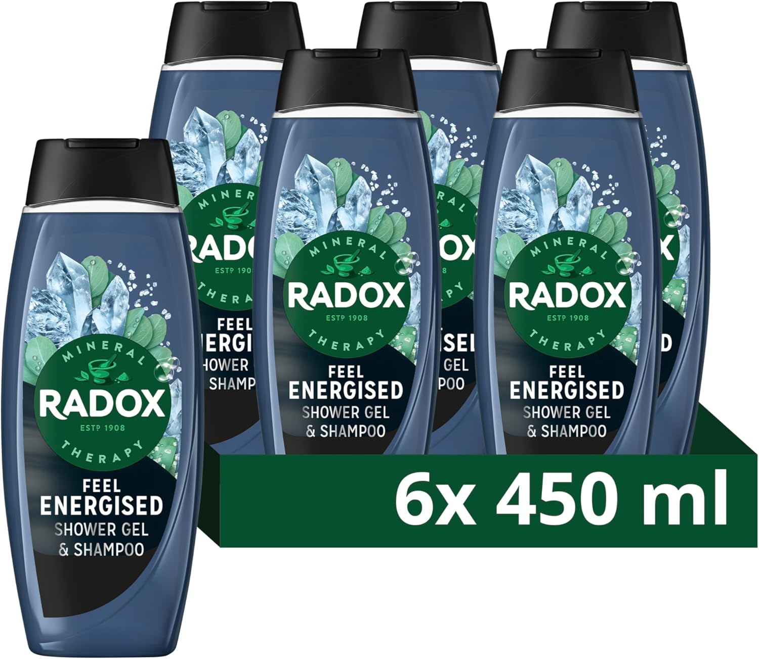 Radox Mineral Therapy Feel Energised 2-in-1 Shower Gel & Shampoo Men's Body Wash with marine minerals & eucalyptus for a cooling experience 6x 450 ml