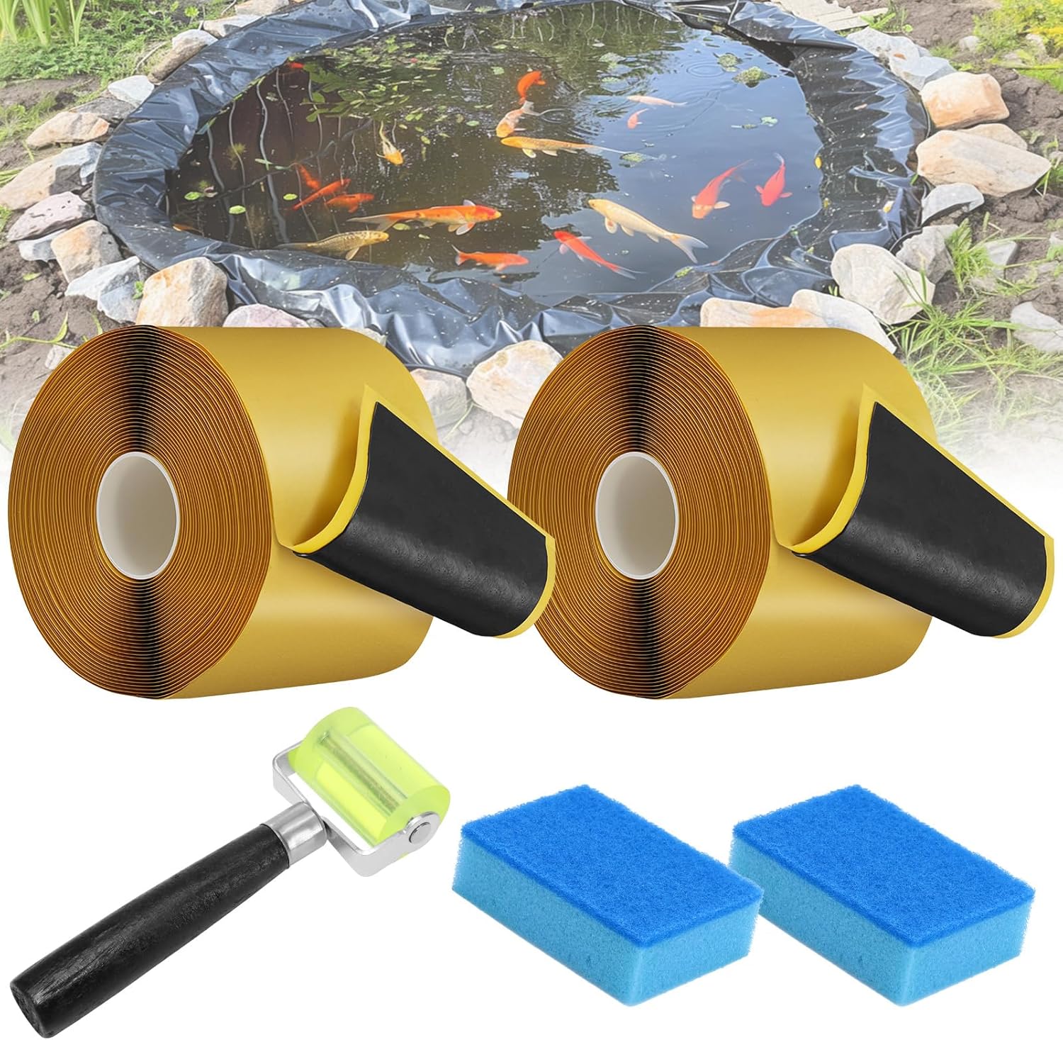 2Pcs Pond Liner Seam Tape, 3" x 30' Double Sided Butyl Rubber Tape Kit, Waterproof Seam Tape & 2 Pcs Sponge & Roller, Self Adhesive Patch Repair Tape for EPDM, HDPE Pond Liners Roof Deck RV