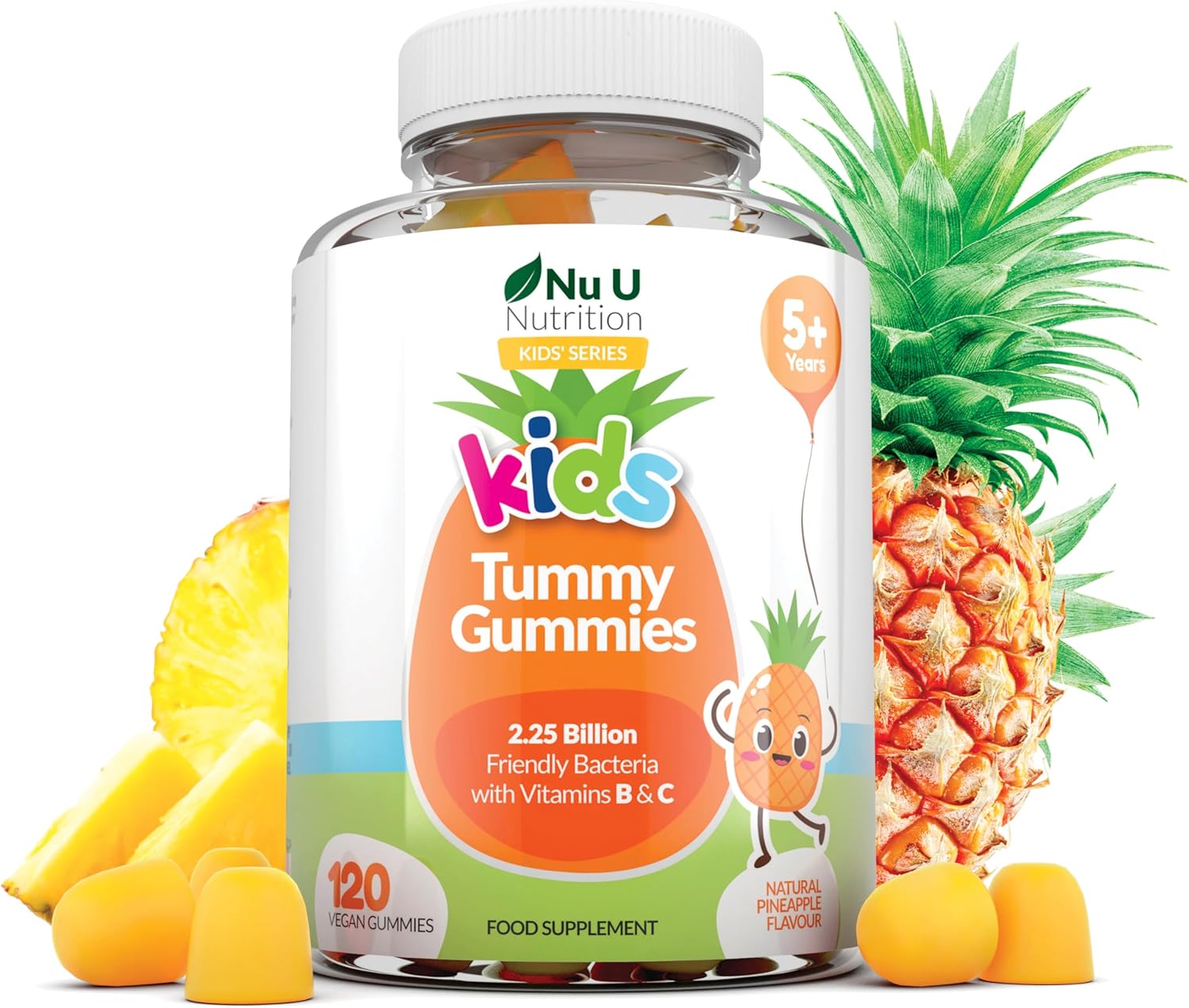 Kids Tummy Gummies - Friendly Probiotics for Children - 120 Vegan Vitamin Gummies - Pineapple Flavour - Lactobacillus and Bifidobacterium & Vitamin B3, B5, B6 & C for Gut Health - Nu U Nutrition