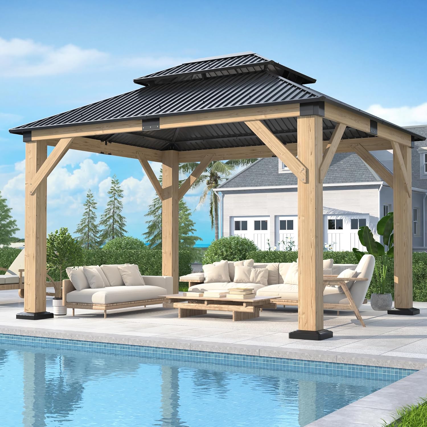 10' x 12' Outdoor Wooden Gazebo - Patio Hardtop Gazebo Permanent Wooden Pavilion with Galvanized Steel Double Roof, Wood Gazebos for Garden, Lawn, Poolside, Backyard Deck