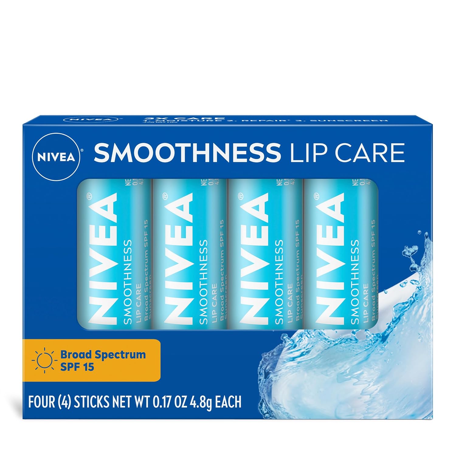 NIVEA Smoothness Lip Care, Sunscreen Lip Balm with SPF 15 Broad Spectrum, Shea Butter, Nourishing Oils and Vitamin C & E, 3-in-1 Moisture, Repair and Sunscreen, 0.17 Oz Stick, Pack of 4