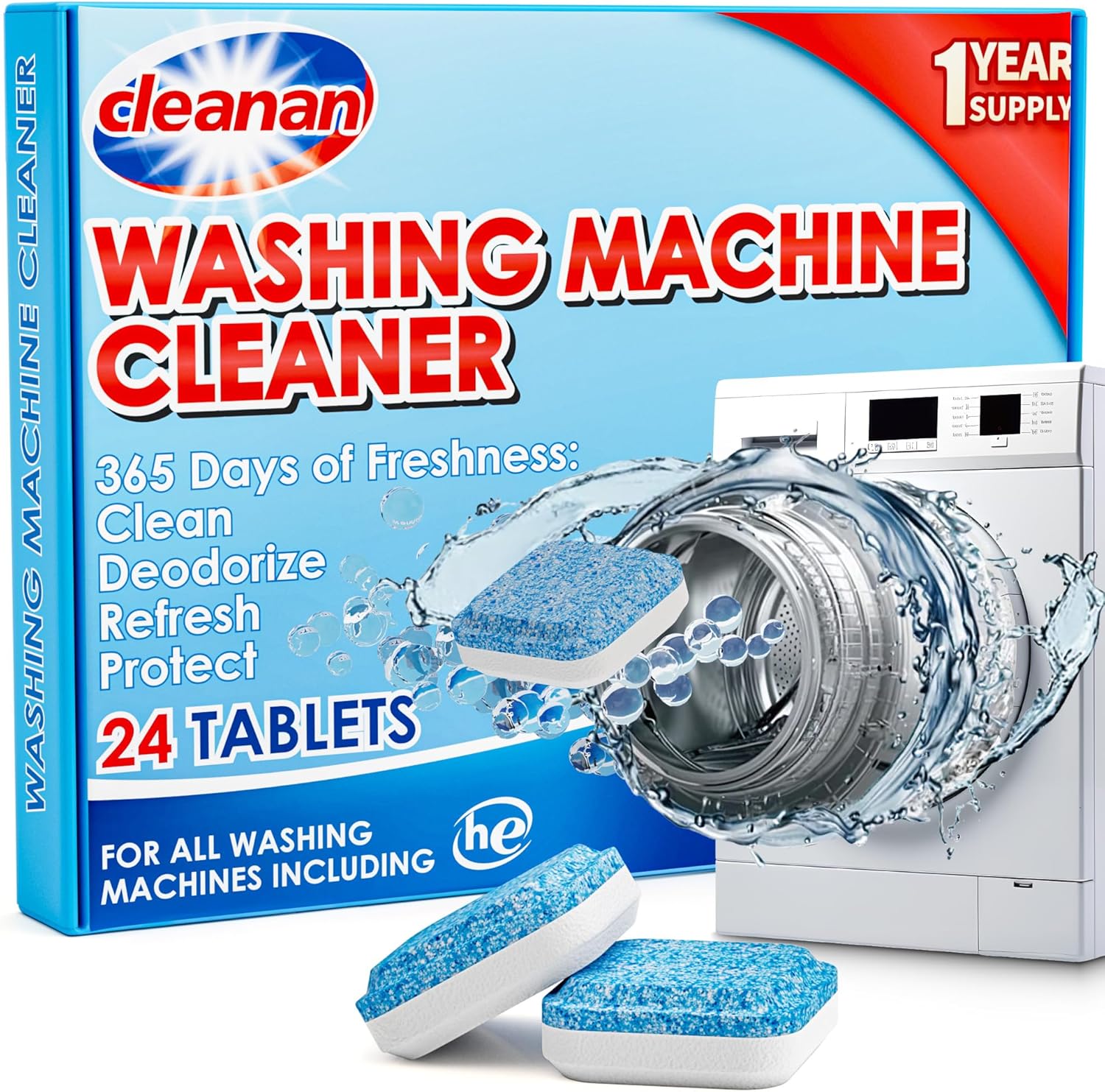 Washing Machine Cleaner Deep Clean Tablets - 24 Pack for Year-Round Deep Clean, Suitable for HE, Top Load & Front Load Washer Cleaner, Removes Odor, Grime & Build-Up, Septic Safe, Eco-Friendly