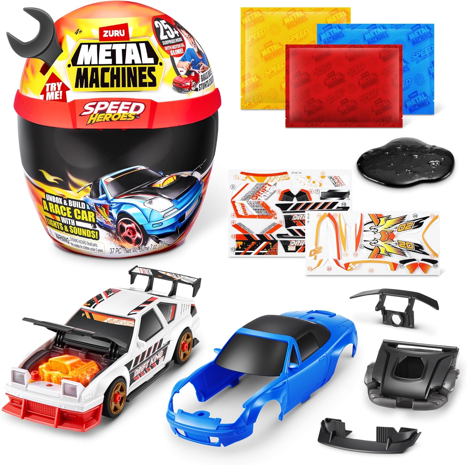Metal Machines Speed Heroes (Black) by Zuru, 20+ Surprises, Build Your own Car, Two Bodies, Lights & Sounds, Slime