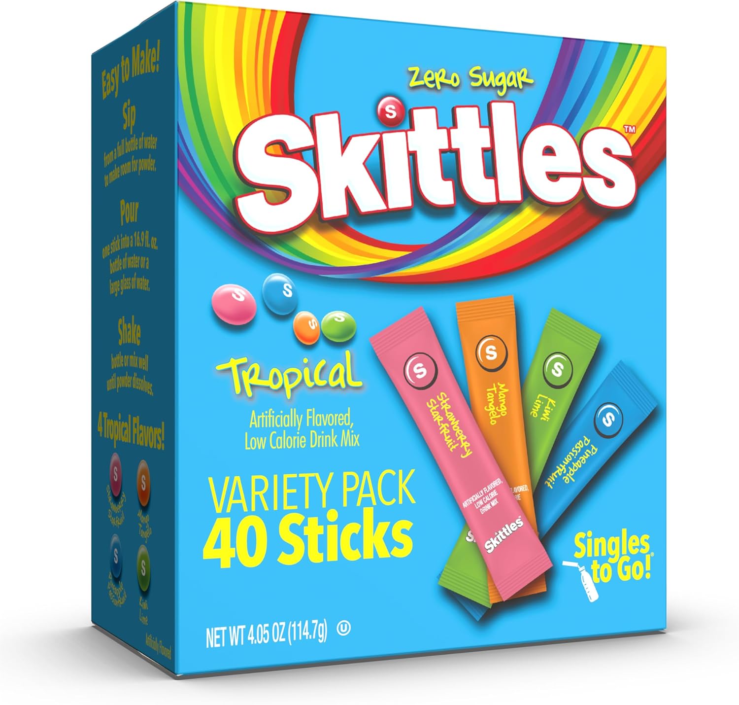 Skittles Singles To Go Tropical Flavour Powdered Drink Blend Contains 4 Flavours Strawberry Starfruit Mango Tango Kiwi Lime Pineapple Passion Fruit Pack of 40