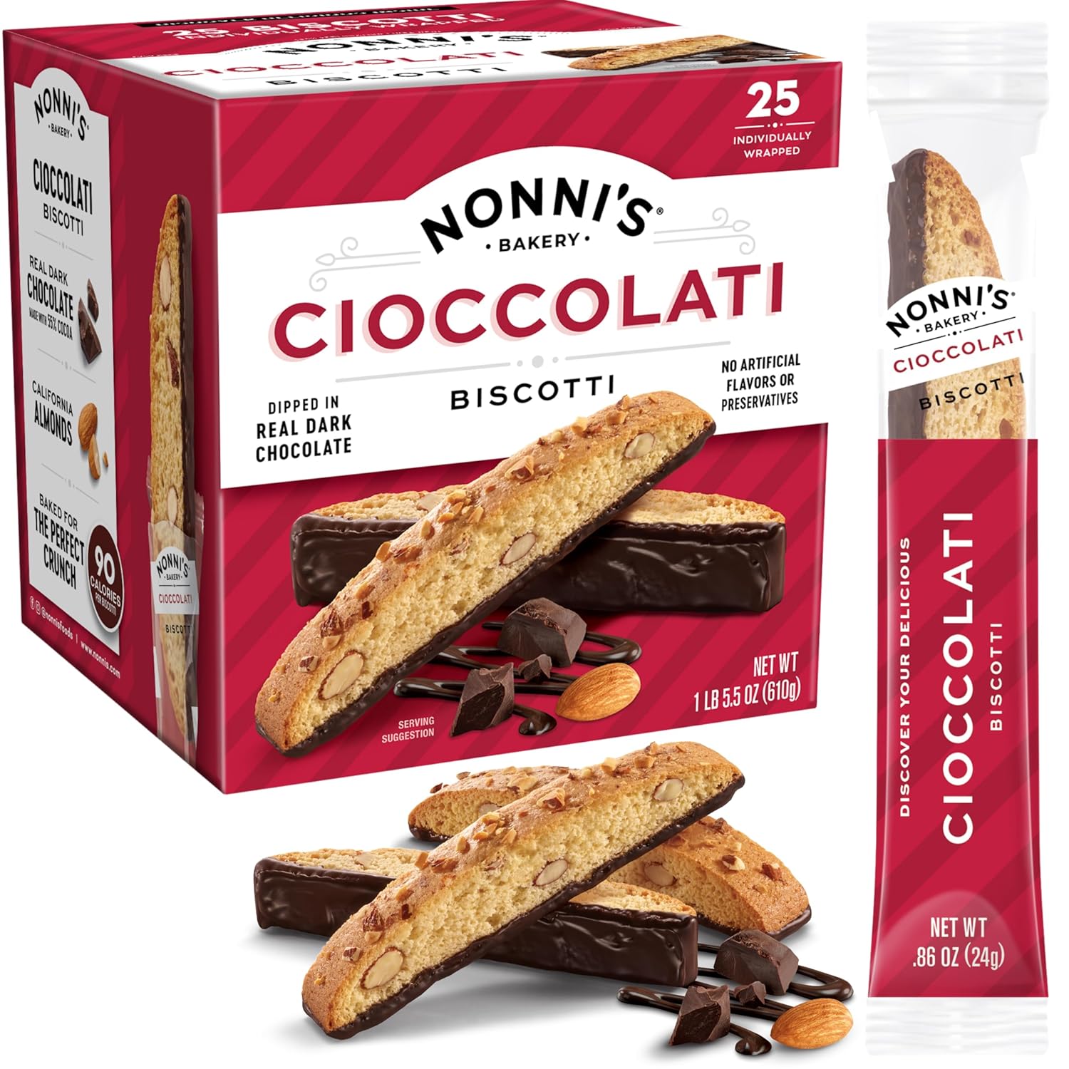 Nonni's Cioccolati Dark Chocolate Almond Biscotti Cookies – Individually Wrapped Italian Coffee Snack, Crunchy Twice-Baked, 90 Cal Each, 21.5 oz Carton