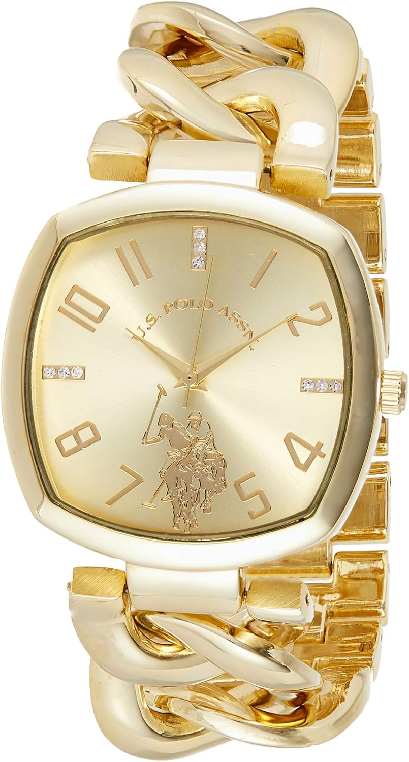 U.S. Polo Assn. Women’s Gold-Tone Chain Bracelet Watch – 38mm Square Case, Rhinestone Dial, Adjustable Link Strap, Elegant Quartz Dress Watch with Gift-Box