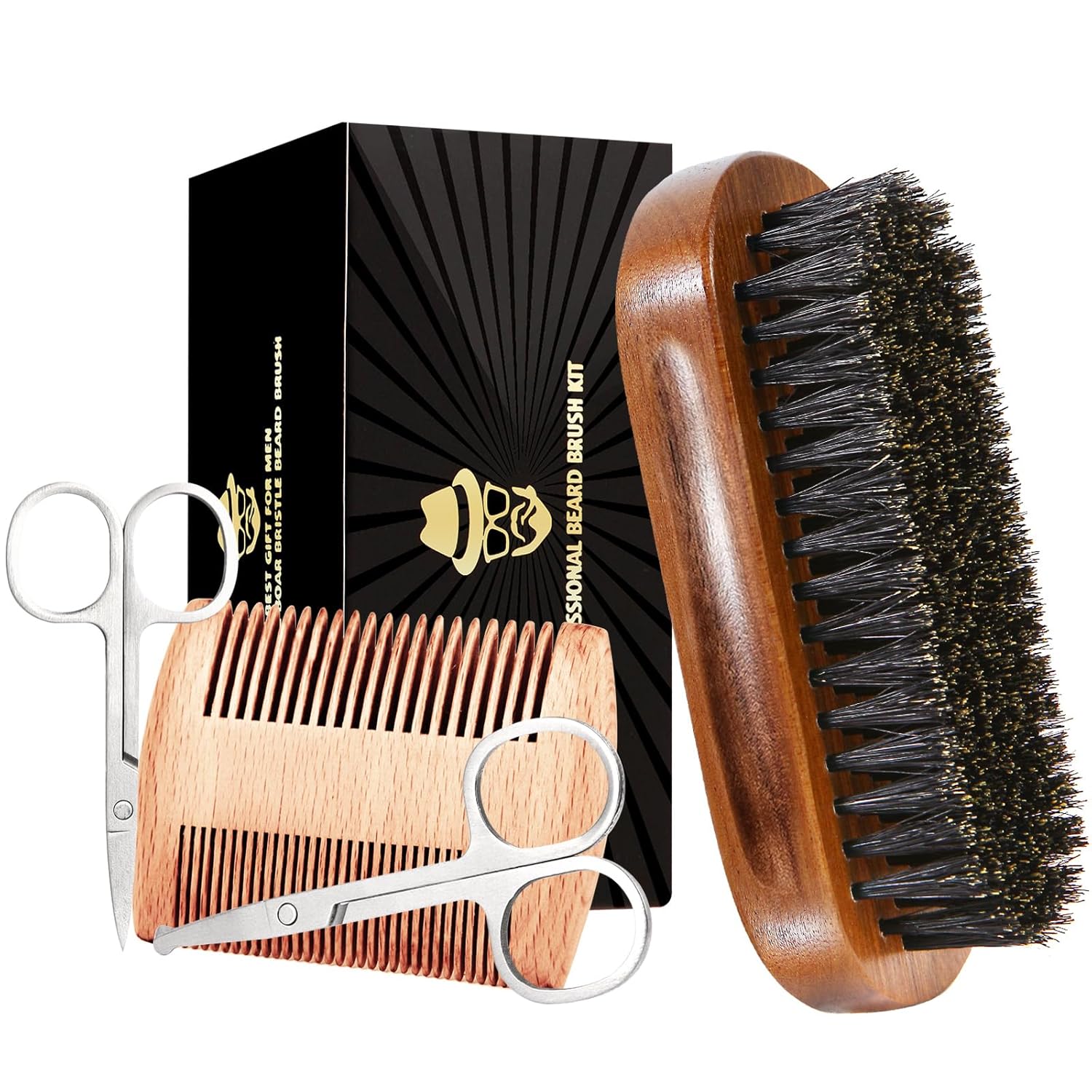 Beard Brush for Men, Boar Bristle Black Walnut Wood Beards and Mustaches Grooming Set Including Pure Boar Bristle Beard Brush, Beard Comb, Mustache Scissors, and Travel Bag