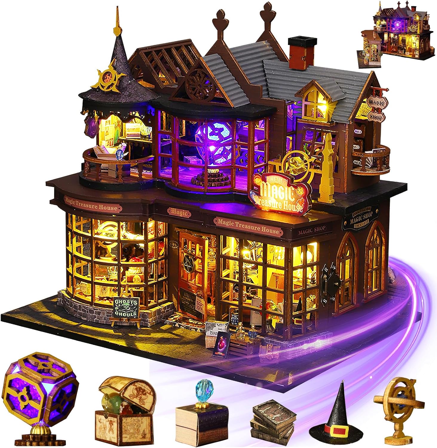 Mostop DIY Miniature Dollhouse Kit, Wooden Dollhouse Kit Miniature House Kit with LED Light,Creative Room Idea for Kids/Adults Magic House DIY Kits (Magic Treasure House)