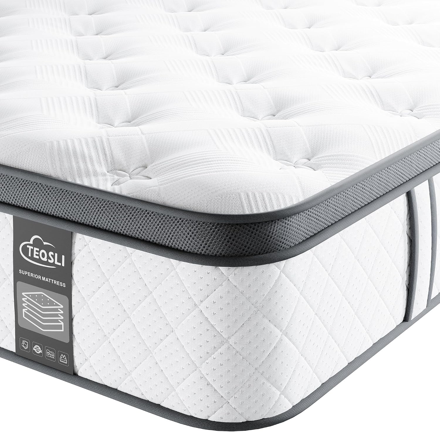 TeQsli 10 Inch King Mattress Hybrid Medium Firm 7 Zone 150x200x25cm
