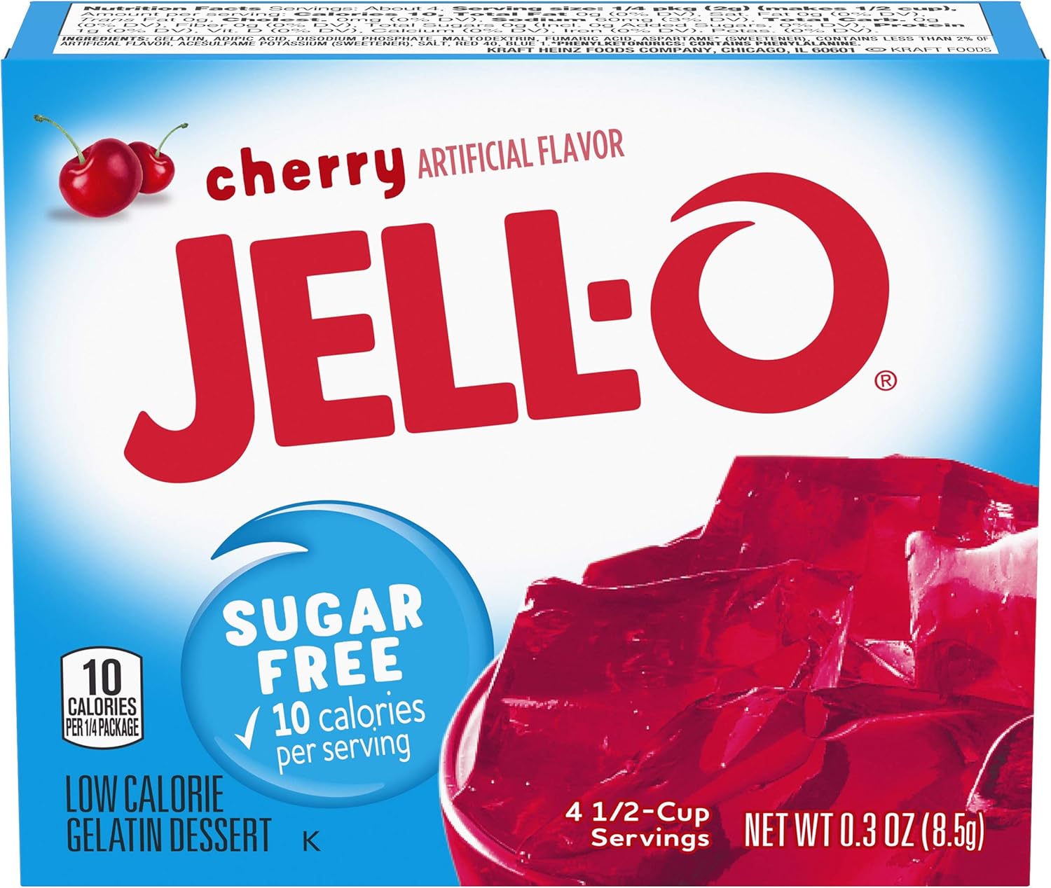 JELL-O JELLO Sugar Free Cherry Low Calorie Gelatin Dessert, 1 x 8.5 g