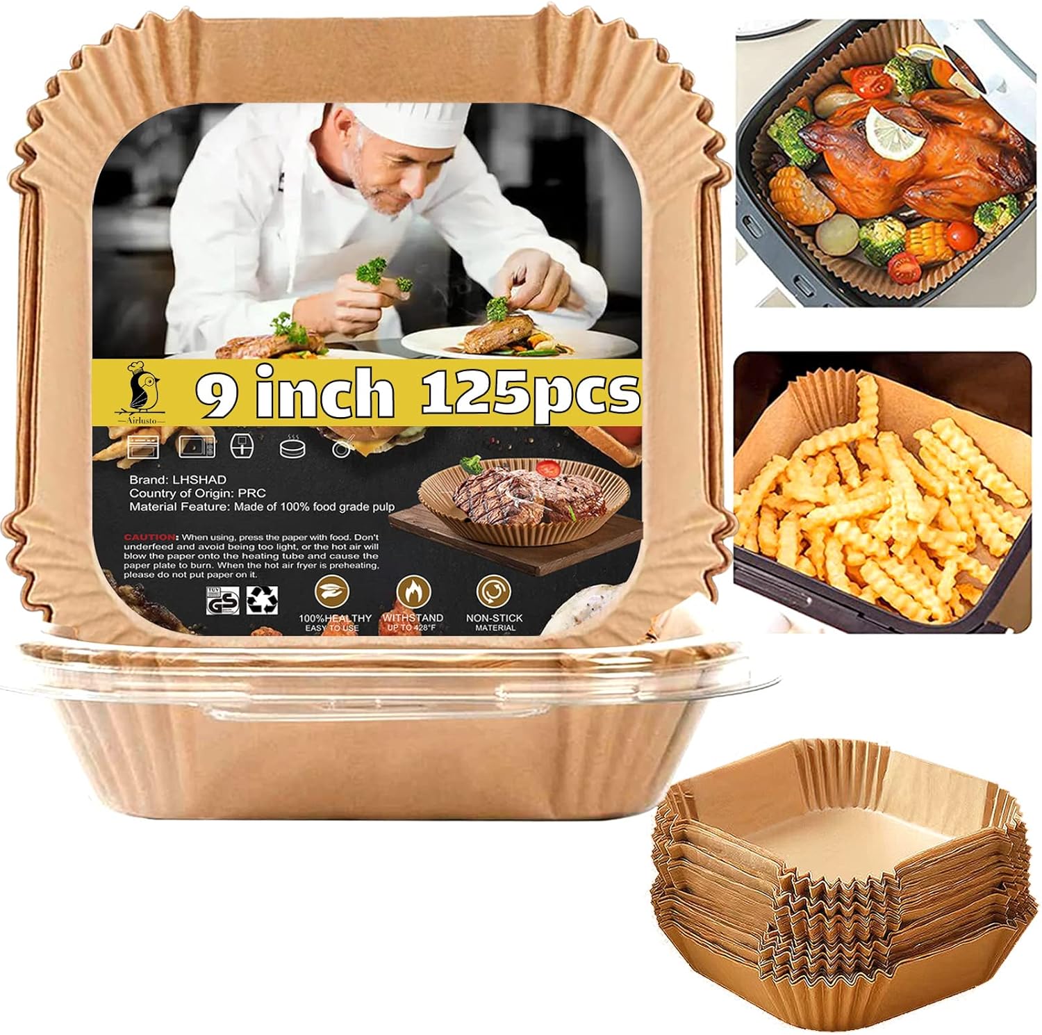 Air Fryer Liners Disposable Square 9 Inch, 125 Pcs Large Square Air Fryer Paper Liners for 6-10QT Air fryer, Non-stick Parchment Paper for Frying, Baking, Cooking, Roasting and Microwave