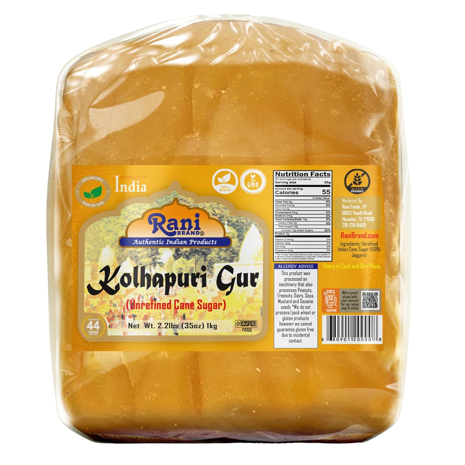 Rani Kolhapuri Gur (Jaggery) 1kg (2.2lbs) ~ Indian Unrefined Raw Cane Sugar, No Color added, Gluten Friendly | Vegan | NON-GMO | No Salt or fillers