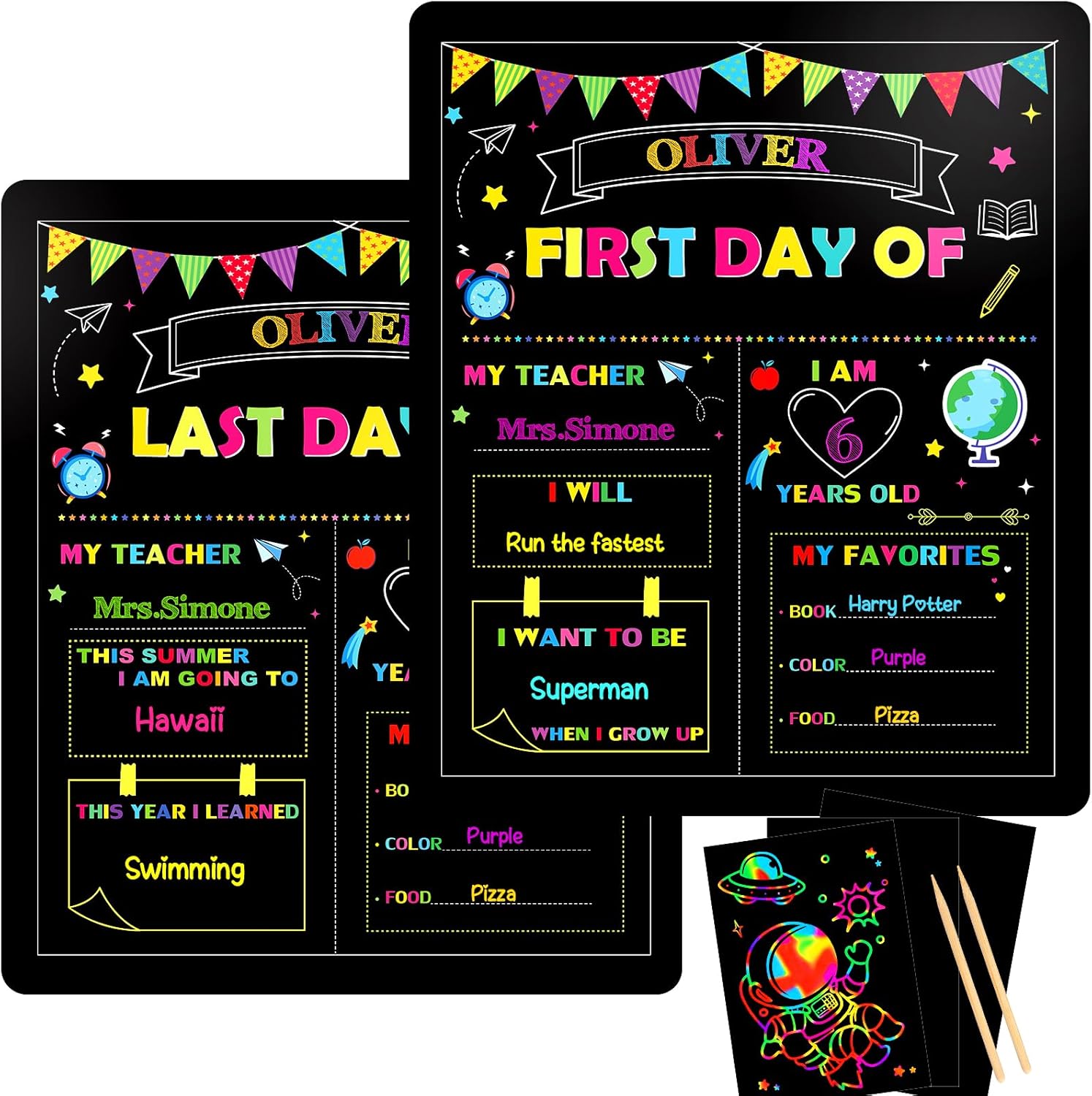 First Day of School Sign Board, 12 x 10 Inch Double Sided Back to School Sign for Girls Boys, Kindergarten School Supplies + Scratch Paper, First and Last Day of School Chalkboard