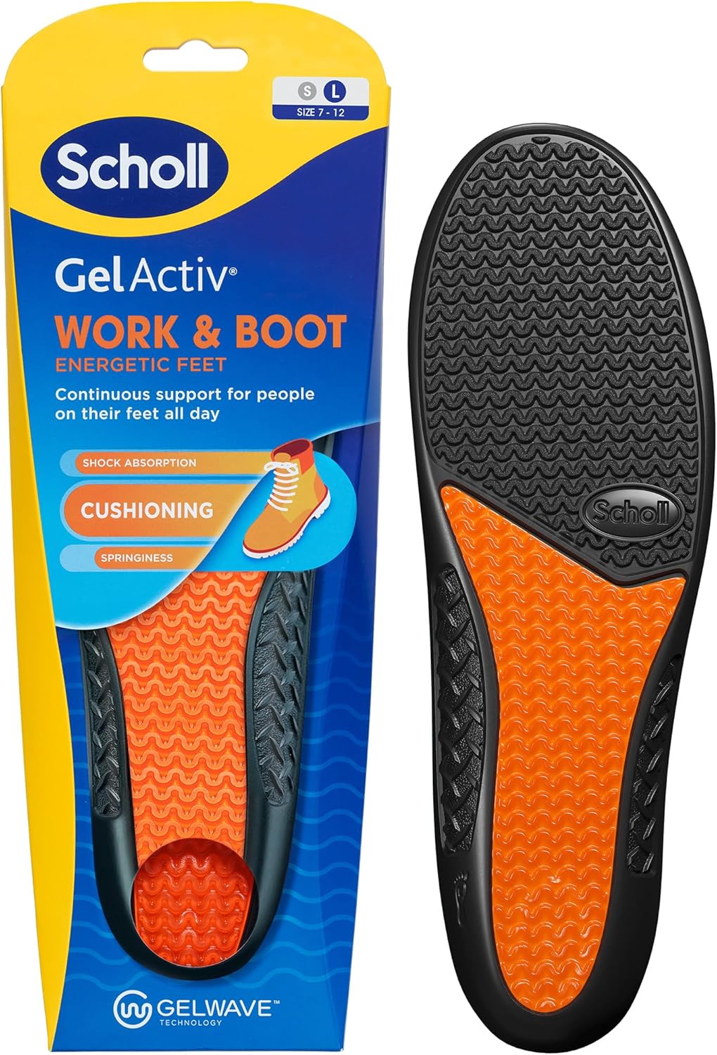 Scholl GelActiv Work & Boot Insoles for Men and Women, All Day Comfort at Work, Shock Absorption and Comfort Cushioning with GelWave Technology