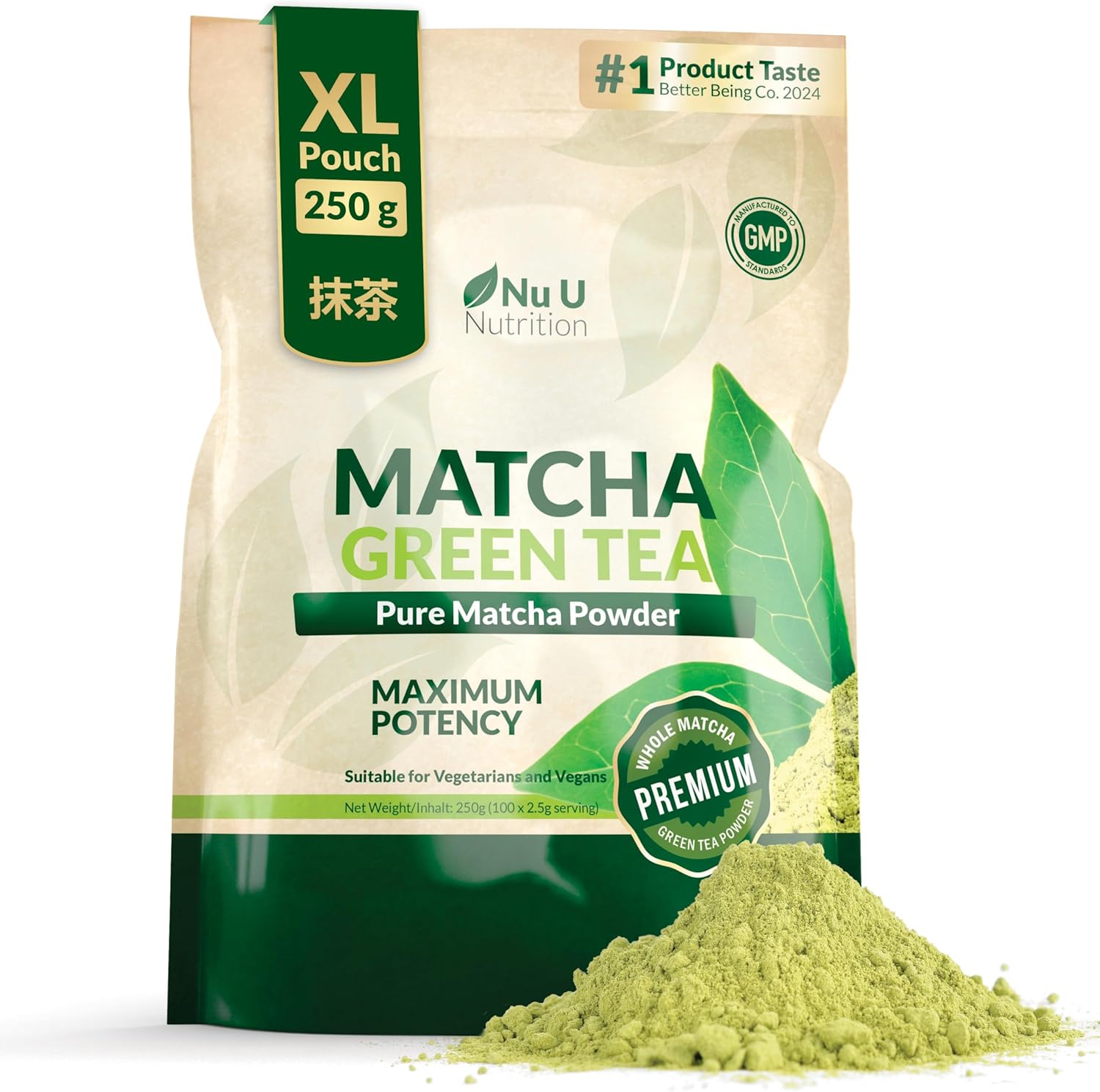 Nu U Nutrition | Matcha Green Tea Powder | 250g XL Pouch | Whole leaf | 99+ Servings | Vegan & Vegetarian | Premium Culinary Grade | Smoothies, Drinks & Baking | Antioxidant Rich | Made in the UK