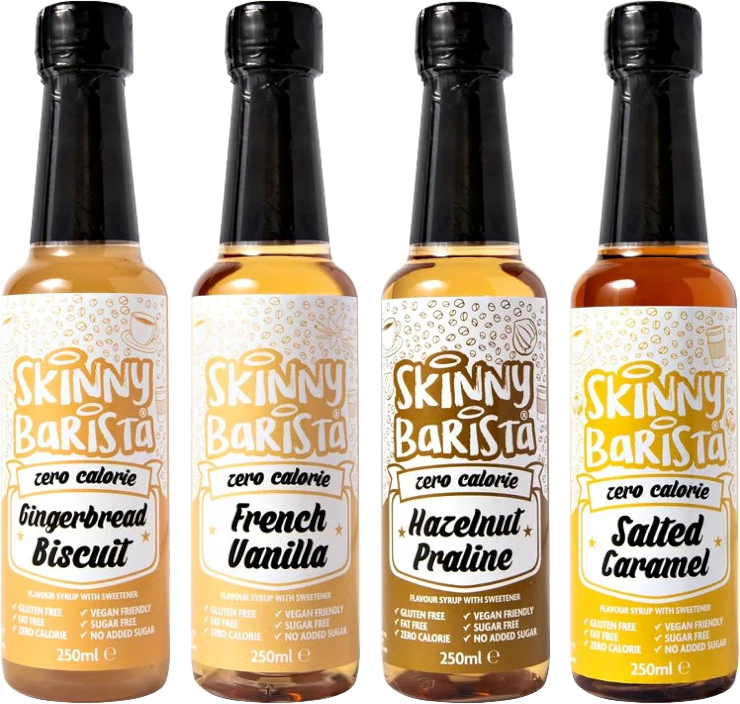 Skinny Food Co Sugar Free Coffee Syrup Gift Set - 4x250ml - French Vanilla, Salted Caramel, Gingerbread Biscuit, Hazelnut Praline - Zero Calorie Coffee Syrups