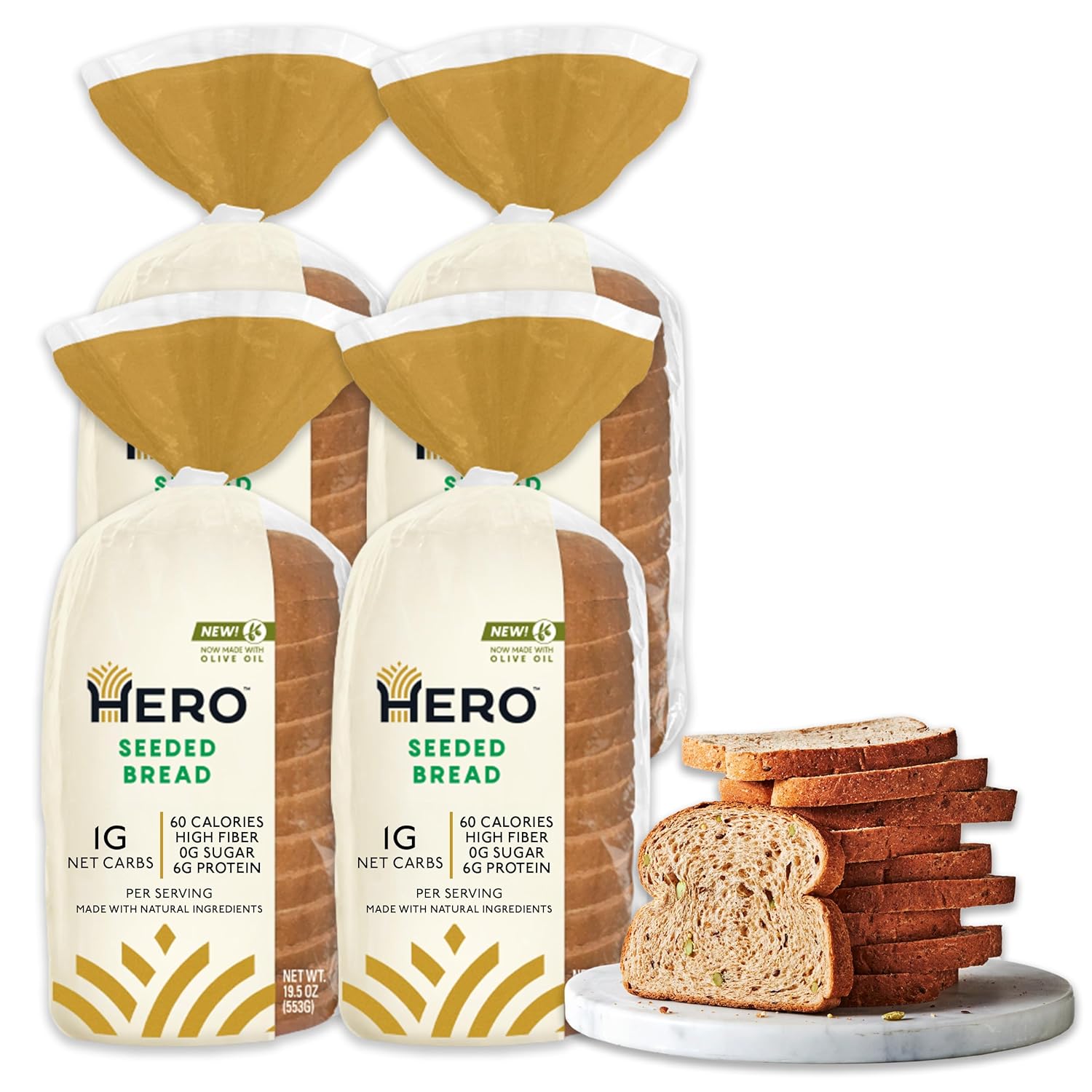 Hero Seeded Bread — Delicious Bread with 1g Net Carb, 0g Sugar, 60 Calories, 12g Fiber per Slice | Low Carb & Keto Friendly Bread Loaf —15 Slices/Loaf, 4 Loaves