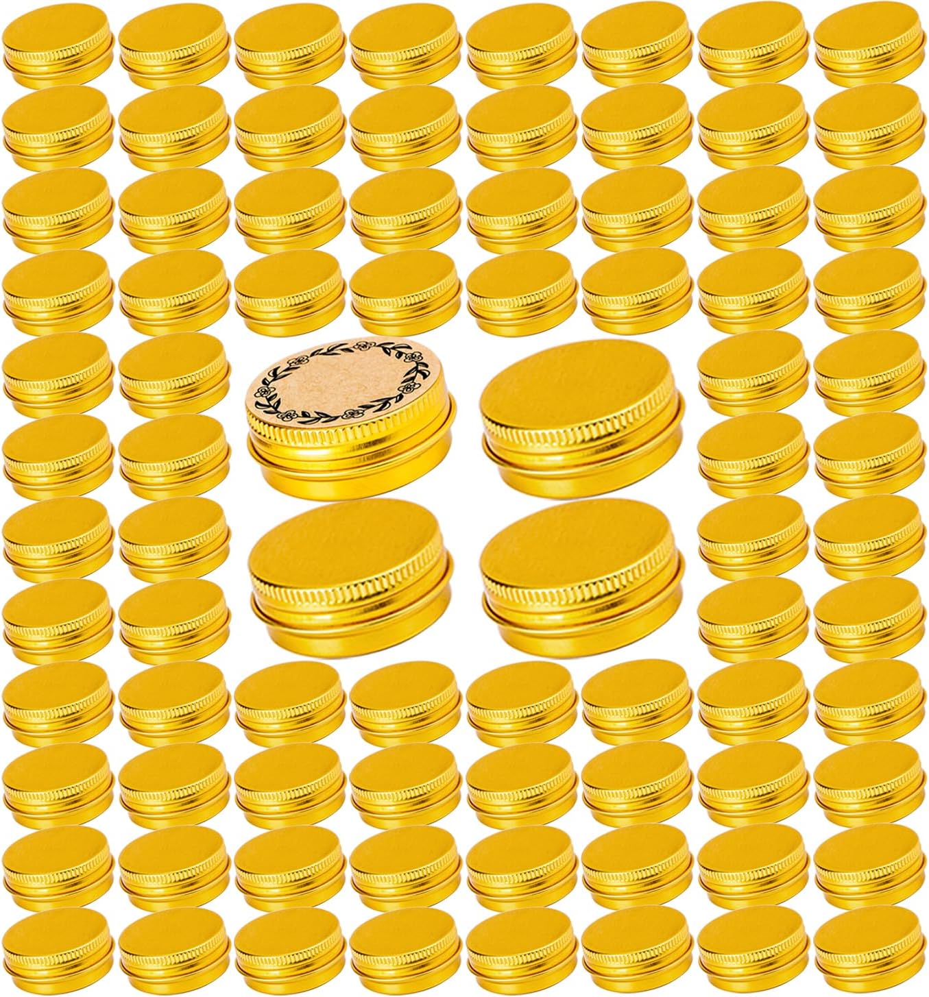 Art Secret 2 oz (60ml) Gold Screw Top Aluminum Tins with Labels, 120 Pack | Bulk Value Pack, Extra Protection Against Dents, Tight Screw Lids, 11 Color Options, Small Business Ready