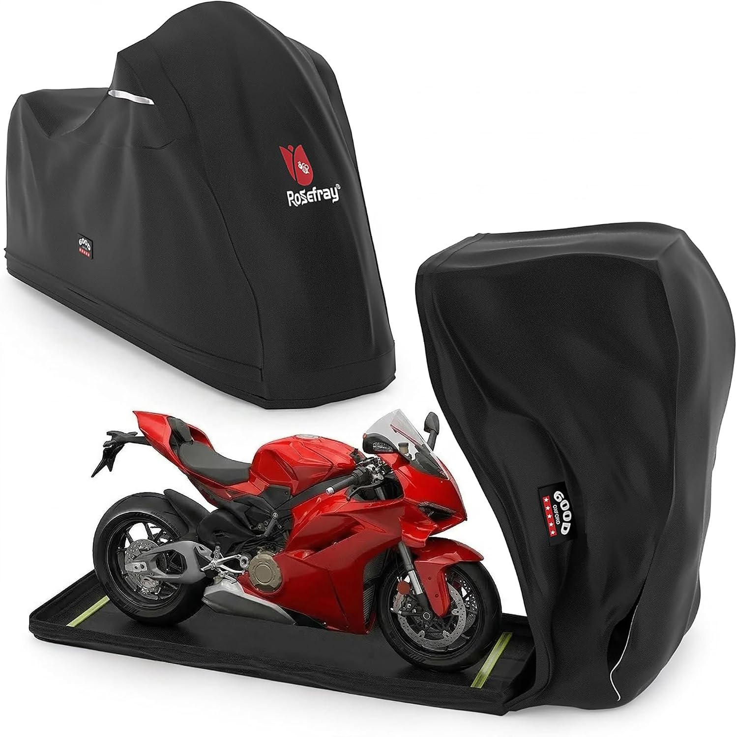 Full Enclosed Motorcycle Cover, 600D Heavy Duty Waterproof Bike Cover Outdoor Storage, Fits 108" for Harley Triumph BMW Honda, Black