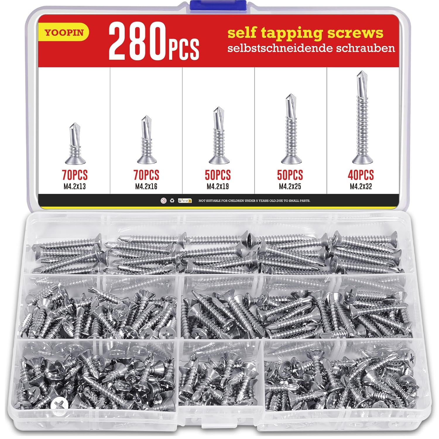 280PCS Self Tapping Screws Kit, Stainless Steel Self Drilling Screws, M4.2 Assorted Phillips Head Drilling Screws Set (32mm/25mm/19mm/16mm/13mm) for Wood, Metal Sheets, Roofing Windows
