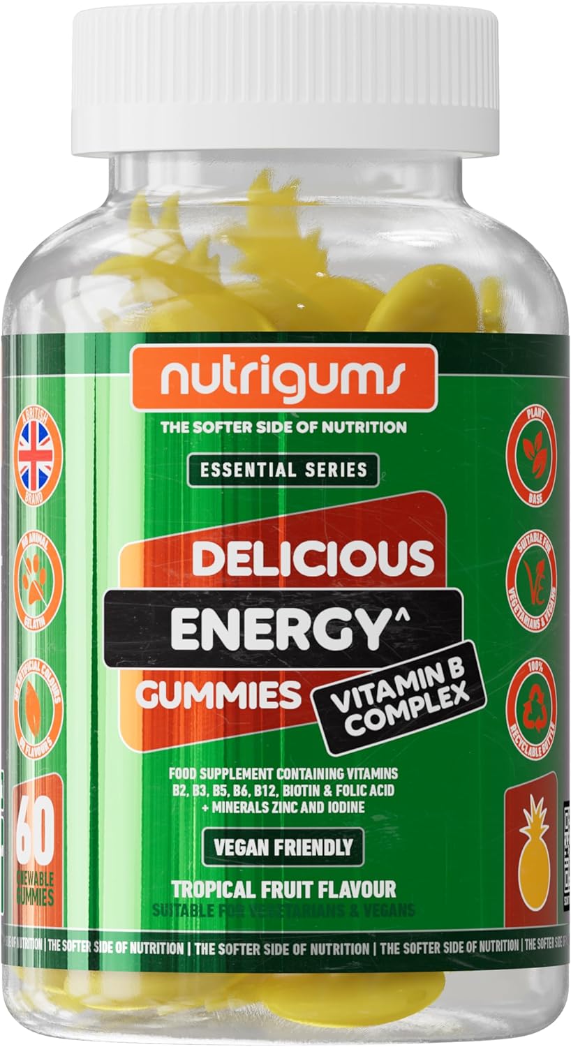 Energy Vitamin B Complex Gummy | Vitamins B2, B3, B5, B6, B12 & Folic Acid with Zinc and Iodine | Tropical Fruit Flavour | 60 Vegan Gummies | Energy Support & Psychological Function by NUTRIGUMS®