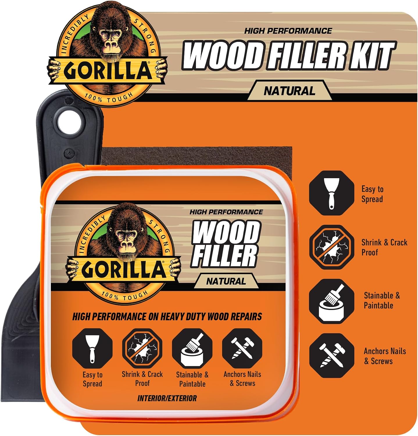Gorilla All Purpose Wood Filler Kit, with Putty Knife and Sanding Block