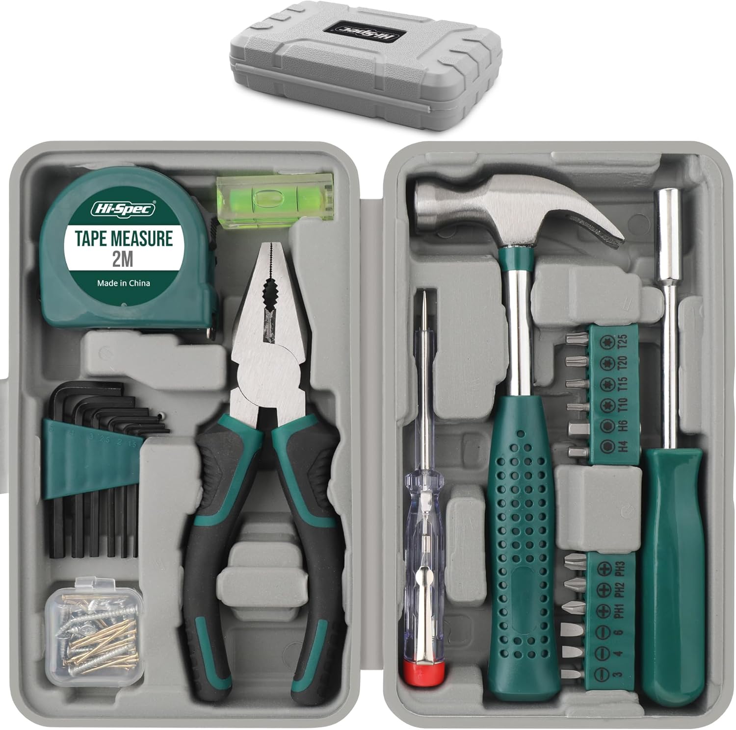 25pc Green Small Compact Hand Tool Kit Set for Home & Office DIY. Household Basic Toolkit Starter Repairs in a Portable Tool Box Case