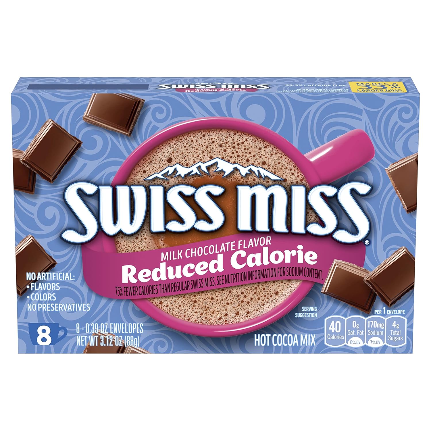 Swiss Miss Milk Chocolate Flavored Reduced Calorie Hot Cocoa Mix, 0.39 oz., 8-Count Envelopes (12 Boxes)