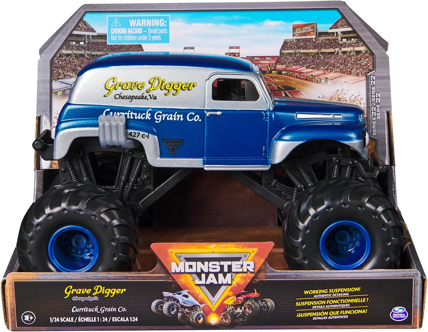 Monster Jam, Official Grave Digger Monster Truck, Currituck Grain Co Collector Die-Cast Vehicle, 1:24 Scale, Kids’ Toys for Boys and Girls Aged 3 and up