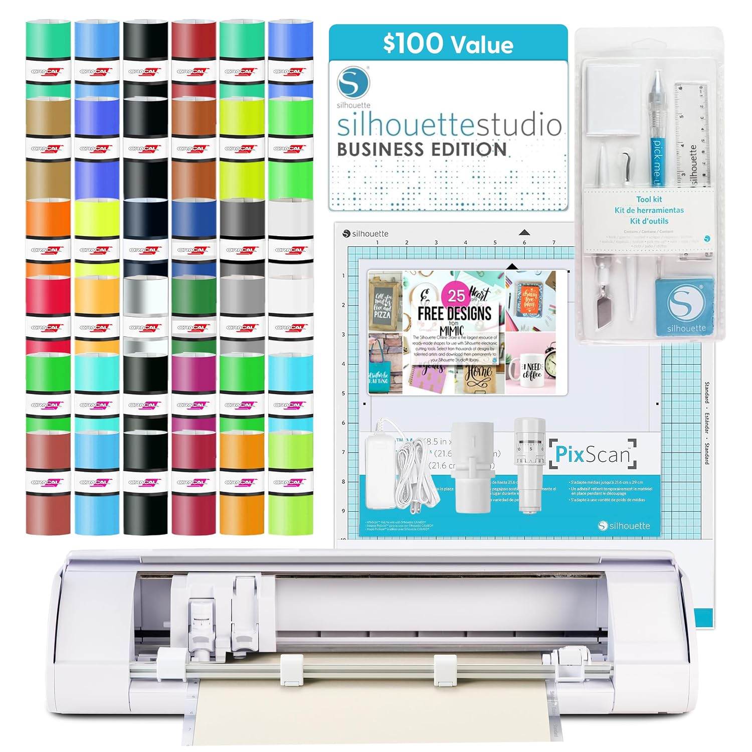 Silhouette America Cameo 5 Alpha (α) Smart Cutting Machine, Classic White (Deluxe Bundle) - Includes Business Edition Software, 36 Vinyl Sheets, PixScan Mat, Tool Kit & 25 Free Designs
