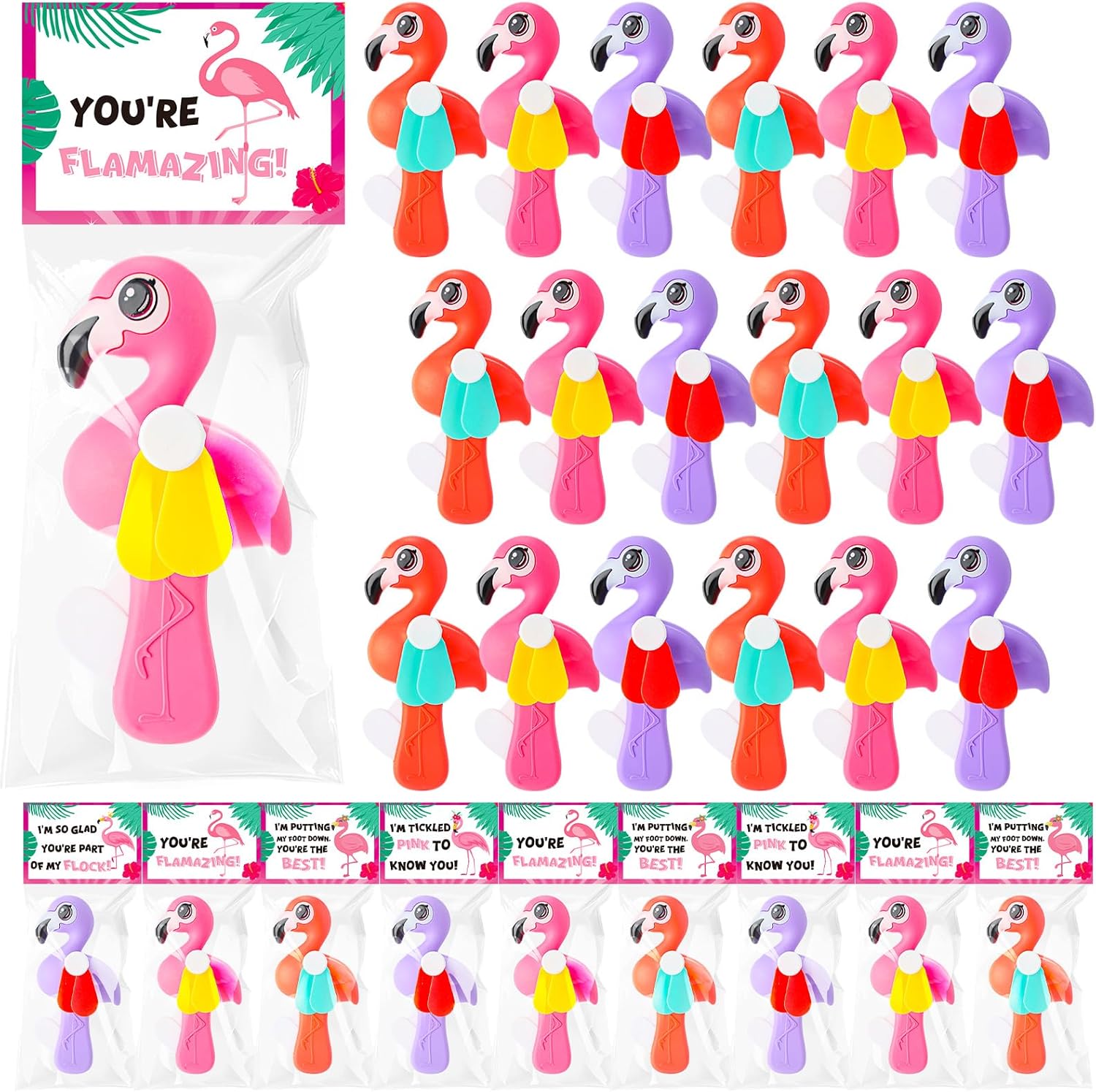 24 Pack Mini Portable Fans with Cards Gifts Cute Animal Fruit Ice Cream Handheld Press Cooling Fans for Summer Birthday Party End of the Year Pool Outdoor Activity Prize Exchange (Flamingo)