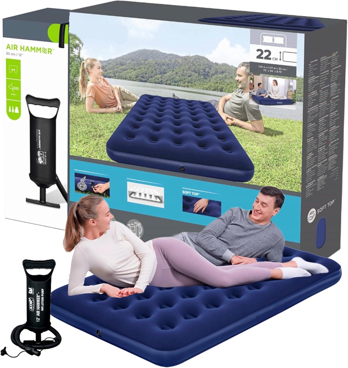Topline Inflatable Mattress Air Bed - Portable Mattress Great for Camping, Guest Bed, Campervan (Double with Air Hammer)