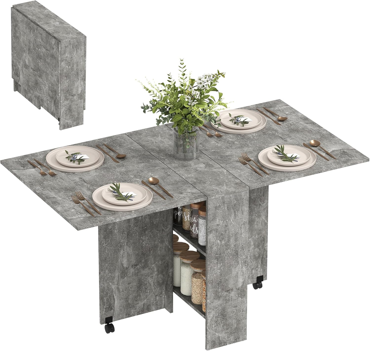 HOMCOM Folding Dining Table, Drop Leaf Table with 2-Tier Shelves, Rolling Casters, for Small Spaces, Kitchen, Cement Grey