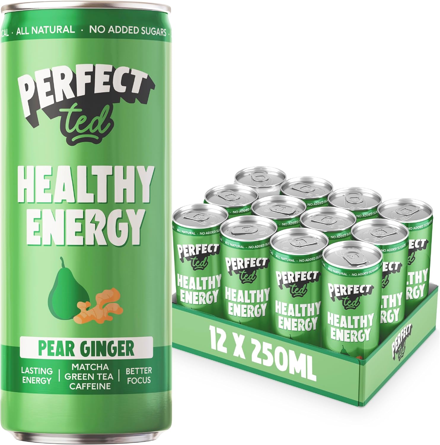 PerfectTed Pear Ginger Healthy Energy Drink, 12 x 250ml Cans, All-Natural Green Tea Caffeine (80 mg) & L-Theanine | Low Calorie (30 kcal) | Vegan | Gluten-Free