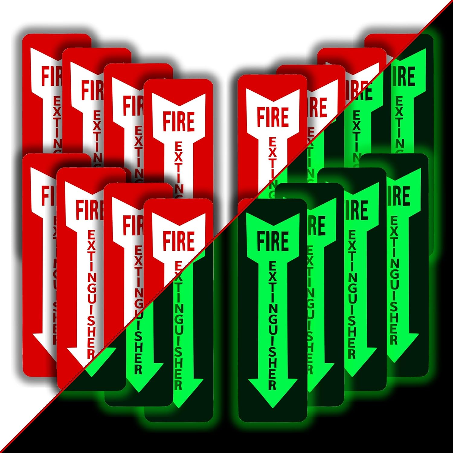 Fire Extinguisher Sign, Fire Extinguisher Sticker, Glow In The Dark 18 Mil Thick Durable - Weatherproof Self Adhesive Photoluminescent And UV Protected Safety Signs red (16 signs)