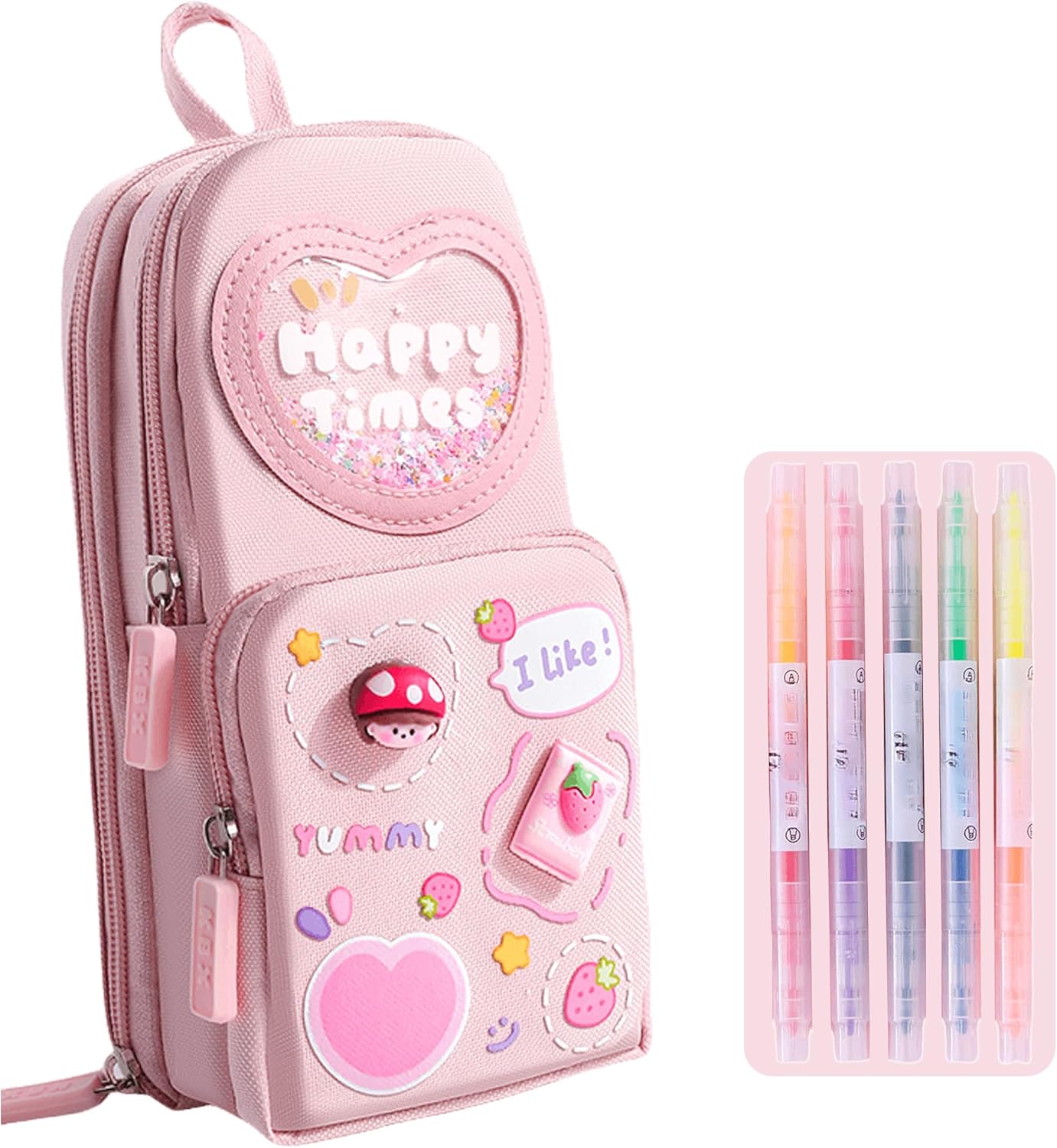 Mini Backpack Pencil Case Art Marker Storage Canvas Makeup Pocket Small Gadget Bag Organizer Random Free of Highlighters (Pink)