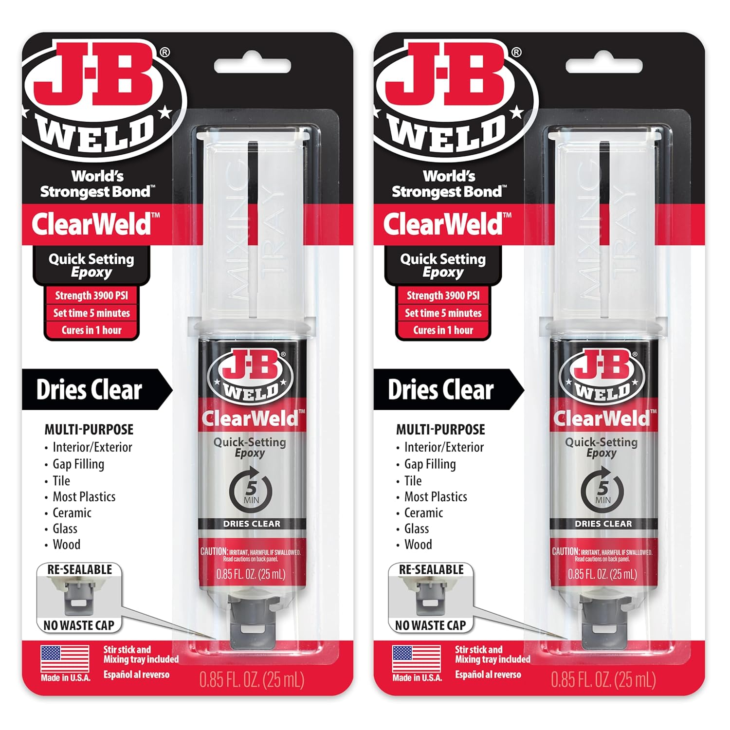 J-B Weld ClearWeld 5 Minute Epoxy, Clear, Syringe, 2 Pack, 50112-2