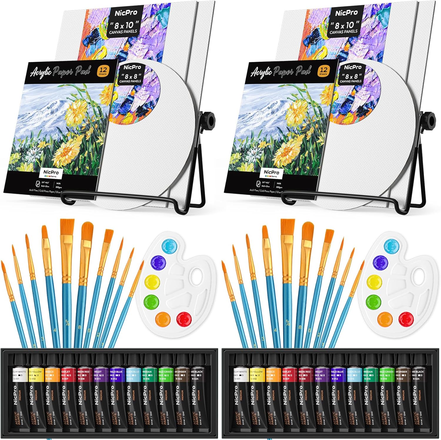 Nicpro Acrylic Paint Canvas Set for Adults & Kids, 80PCS Art Painting Supplies Kit with 2*12 Colors Paint, 6 Canvas, 2 Table Easel, 2*10 Brushes, 2 Paper Pad, 2 Palette for Artist Beginner Students