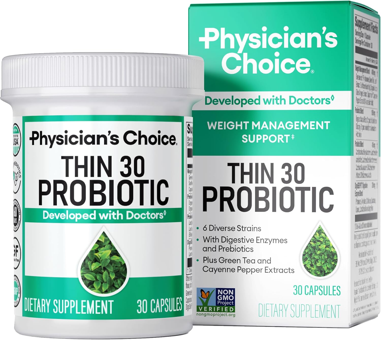 Physician's CHOICE Probiotics for Weight Management & Bloating - 6 Probiotic Strains - Prebiotics - Key ingredient Cayenne - Supports Gut Health - Weight Management for Women & Men - Green Tea - 30 CT